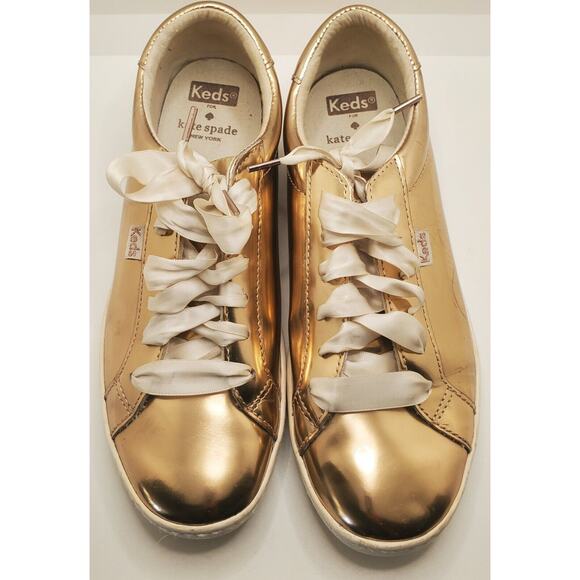 Kate Spade Keds Ace Leather Specchio Sneakers 8.5 Rose Gold WH60099 Ribbon Laces - Picture 6 of 10